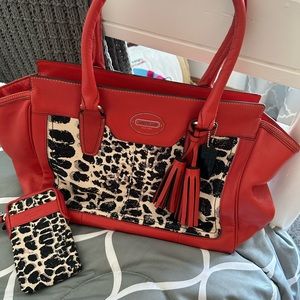 Coach red lamb skin leather and animal print handbag and card case wristlet